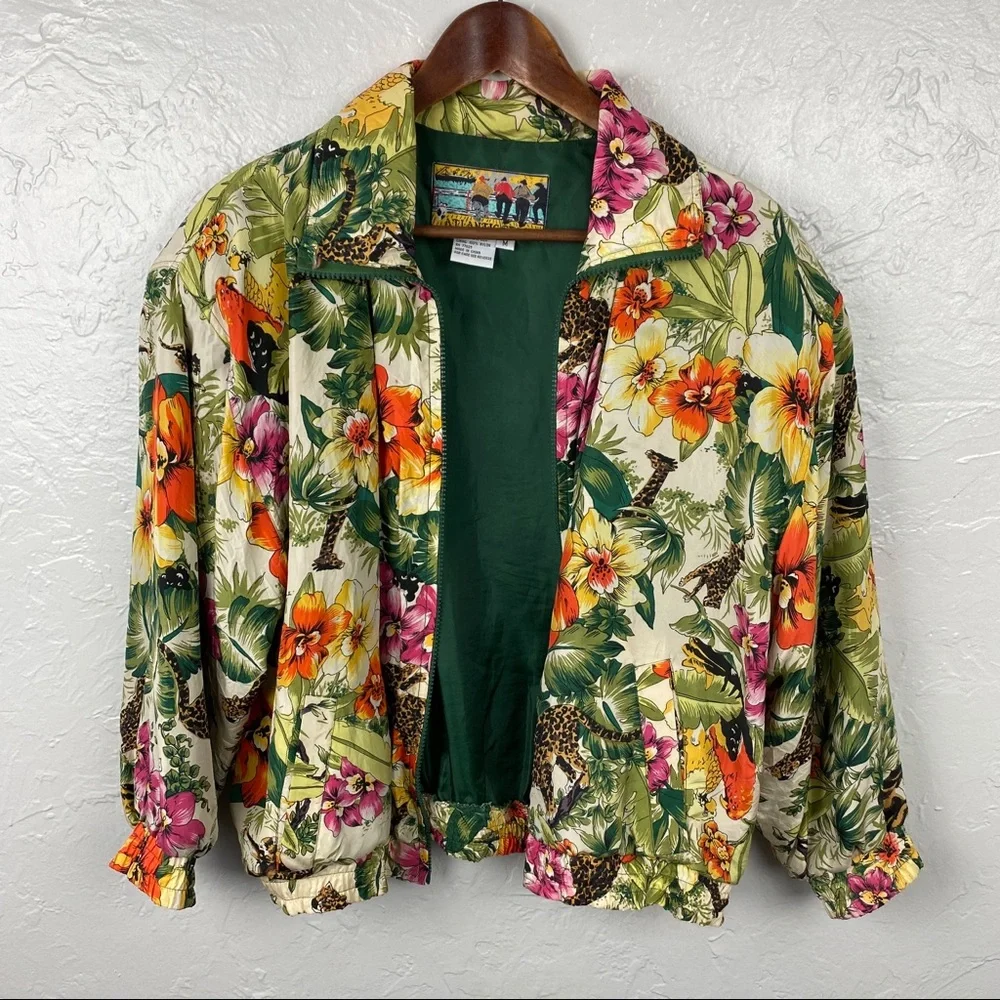 Vintage Atlantic Beach silk floral/leopard windbreaker jacket 90’s streetstyle M